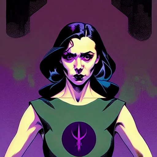 Prompt: rafael albuquerque comic cover art, artgerm, joshua middleton, pretty stella maeve witch doing black magic, serious look, purple dress, symmetrical eyes, symmetrical face, long black hair, twisted evil dark forest in the background, cool colors