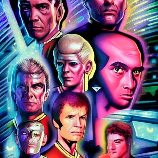 Image similar to Star Trek the next generation crew portrait, cyberpunk, synthwave, highly detailed