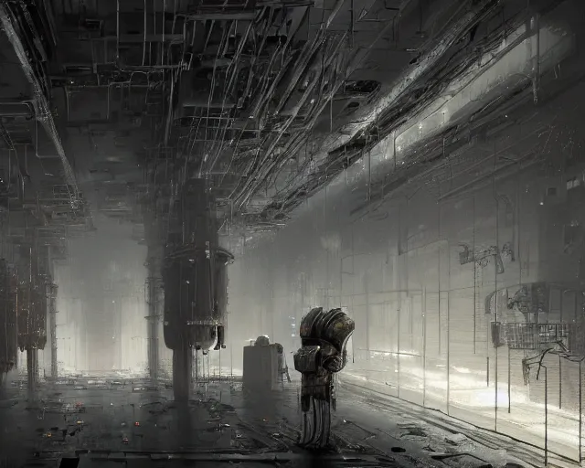 Prompt: gloomy ruined server room in datacenter robot automata rusty steel robot knight colossus welder pacing fixing mono eyed, sharp focus, emitting diodes, smoke, artillery, sparks, racks, motherboard, by pascal blanche rutkowski repin artstation hyperrealism painting concept art of detailed character design matte painting, 4 k resolution blade runner