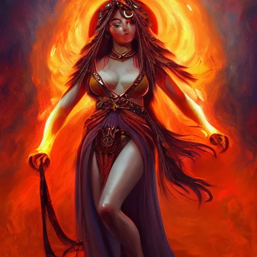 Image similar to A beautiful painting of a flame goddess by Andrews Esao, fantasy, Trending on artstation.