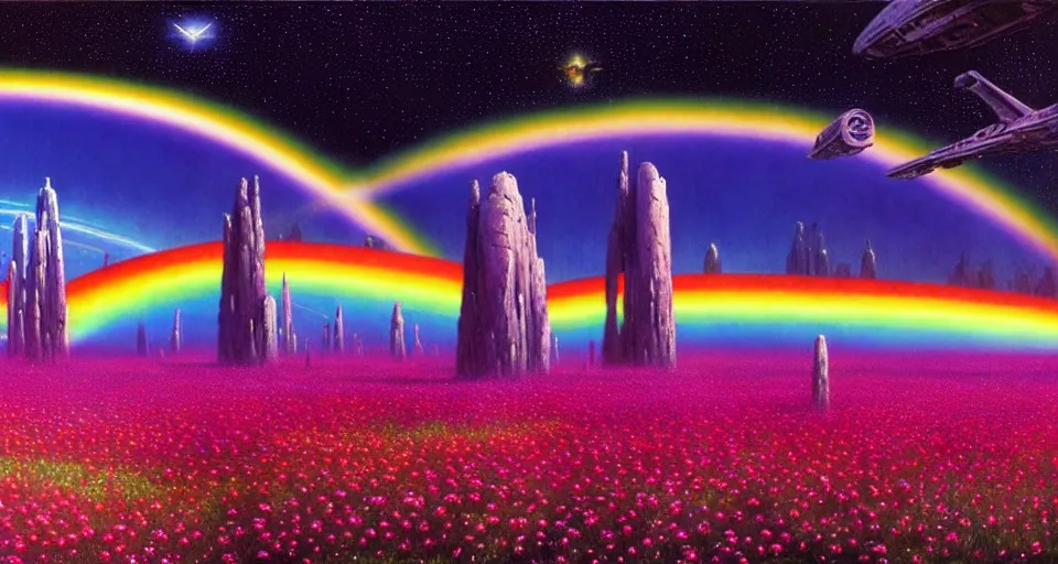 Prompt: a beautiful cinematic view of a large 3 d mystical alien shrine in a field of rainbow colored flowers, underneath a star filled night sky, harold newton, zdzislaw beksinski, donato giancola, warm coloured, gigantic pillars and flowers, maschinen krieger, beeple, star trek, star wars, ilm, atmospheric perspective