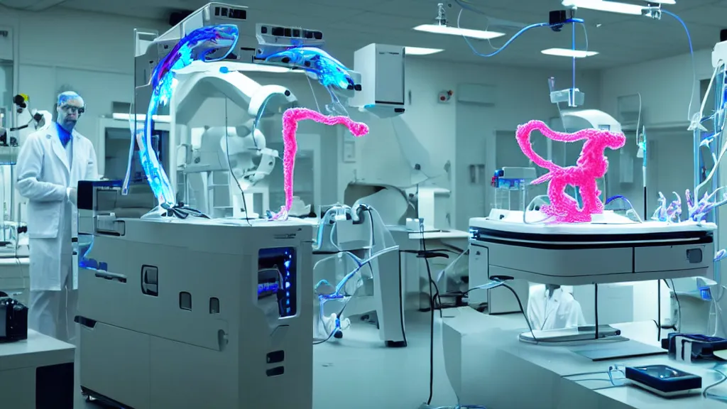 Image similar to a complex bifurcated surgical arm hybrid mri 3 d printer machine making colorful mutant forms with control panels in the laboratory inspection room, film still from the movie directed by denis villeneuve with art direction by salvador dali, wide lens