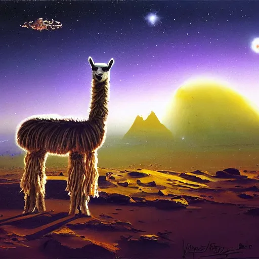 Prompt: llama with dreadlocks, desert, starfall in the night sky, hyperrealistic, 4k, by John Berkey