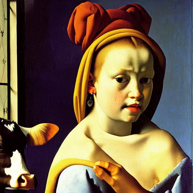 Image similar to a beautiful painting the cow is looking in the mirror, by jan vermeer a young girl with pearl earrings realistic oil painting