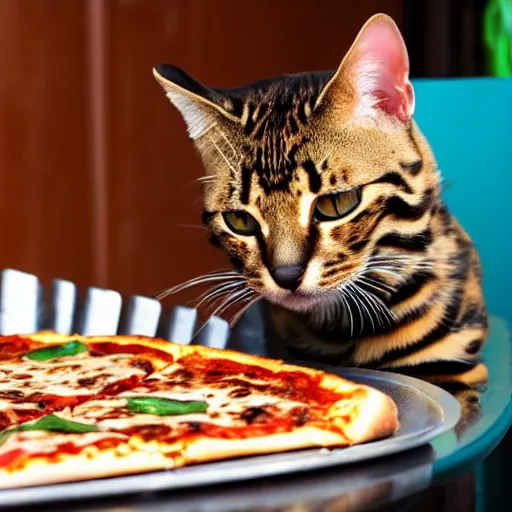 Prompt: a bengal cat eating pizza