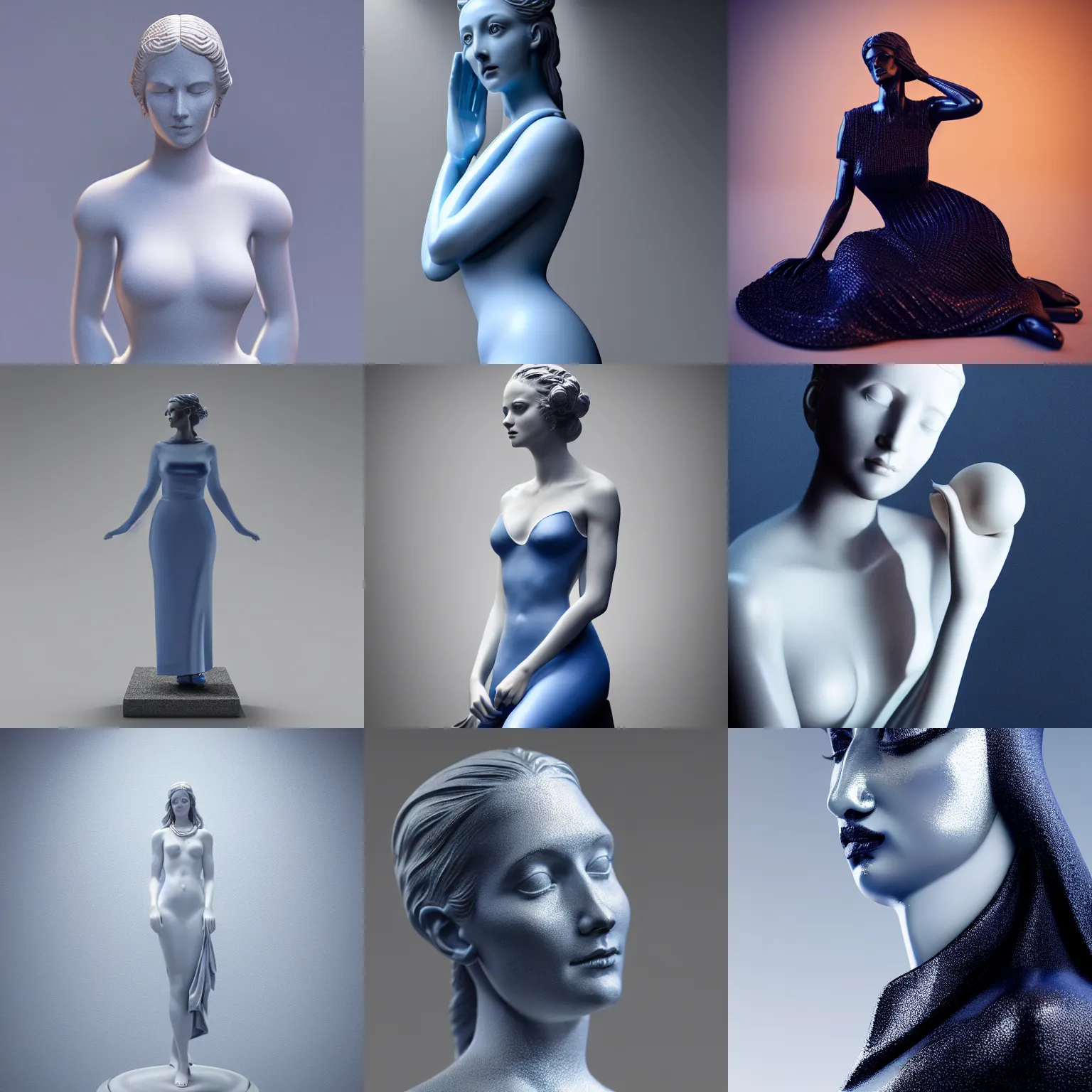 Prompt: statue of the perfect woman, porcelain, ( desgined by apple ), silver, blue soft details, soft!!, dark black chanel dress, studio photo, octane render, studio lights, 8 0 mm lens