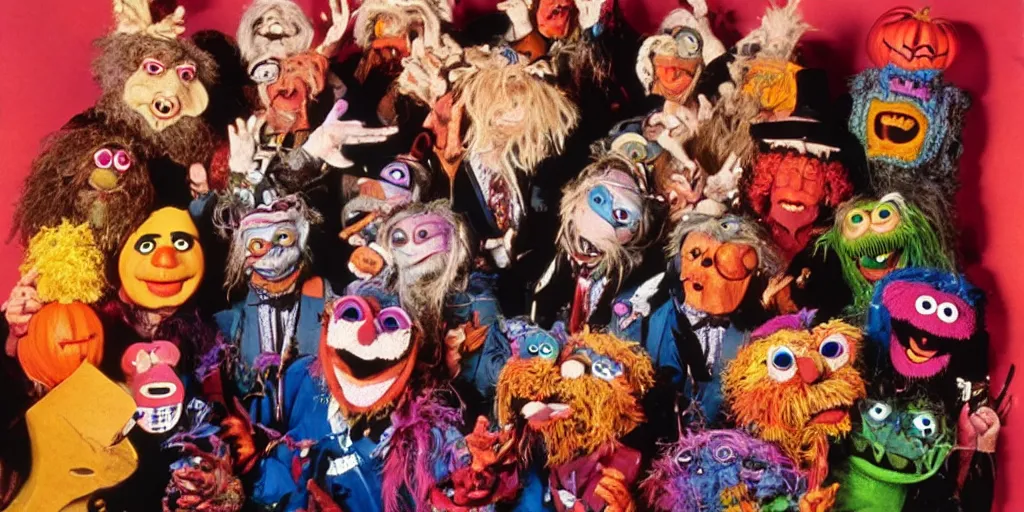 Prompt: jim henson muppet band wearing Halloween masks, 1980s surrealism aesthetic, detailed facial expressions, graffiti on the walls and ceiling