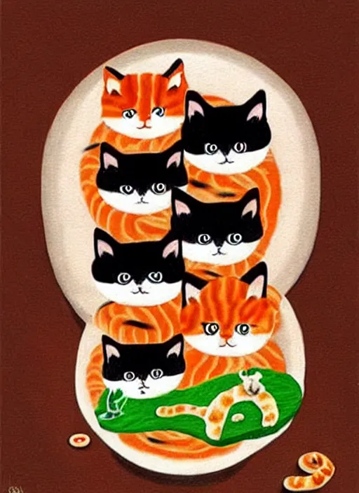 Image similar to clear surrealist painting of adorable cats made out of sushi