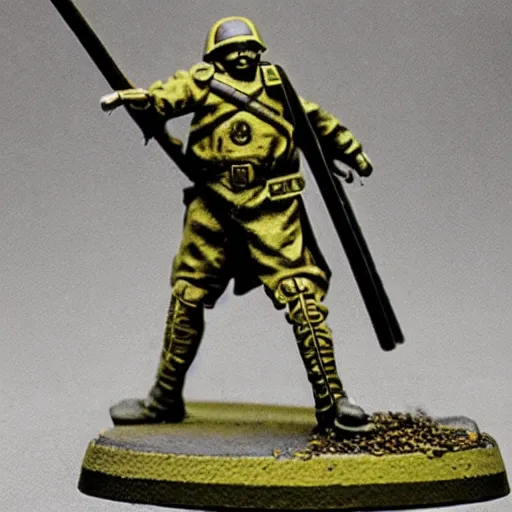 Image similar to an ecstatic Death Korps of Kreig soldier wearing grey and wielding a shovel