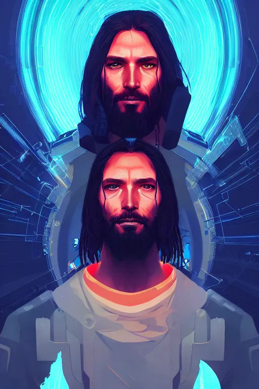 Image similar to « a portrait of a cyberpunk jesus, a character portrait by paul kelpe, reddit contest winner, sots art, ilya kuvshinov, 2 d game art, parallax »