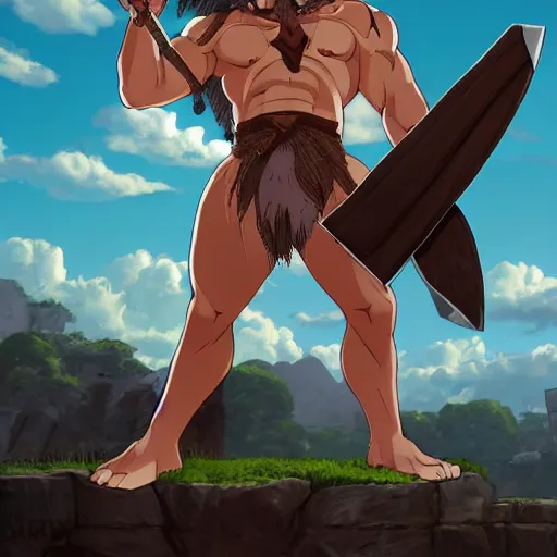 Prompt: bull man barbarian wearing a tattered loincloth with an giant axe, fursona, furry art, anthro, detailed dark brown fur, detailed long black hair, big horns, scars, anime key visual, makoto shinkai