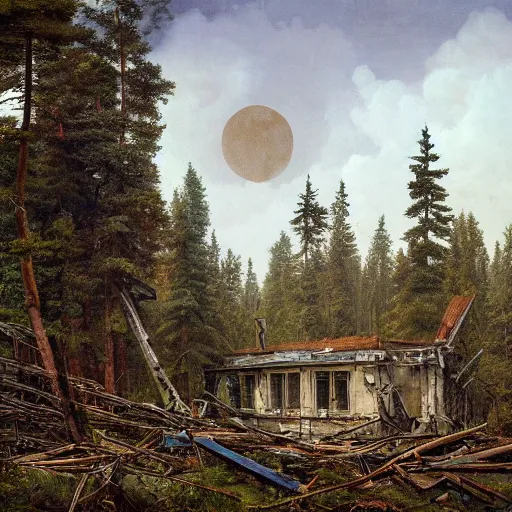 Prompt: a ivan shishkin and simon stalenhag photo of a ruined building the sky is cloudy. the moon is full. an enormous robot