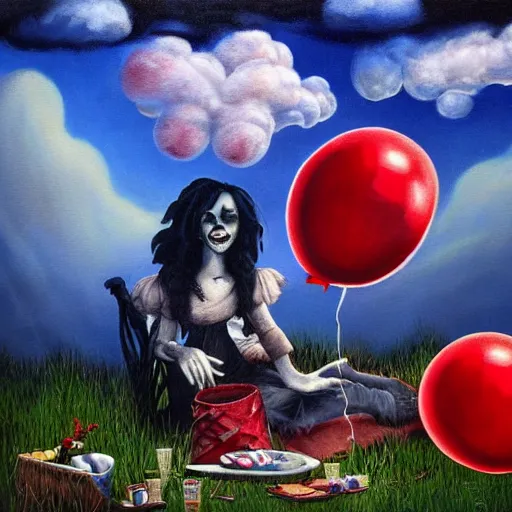 Image similar to grunge painting of a picnic with a wide smile and a red balloon by chris leib, loony toons style, pennywise style, corpse bride style, horror theme, detailed, elegant, intricate, conceptual, volumetric light