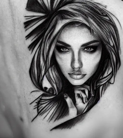 Image similar to tattoo design sketch of a beautiful woman face against a background of beautiful nature, hyper - realistic, in the style of den yakovlev, amazing detail, black and white