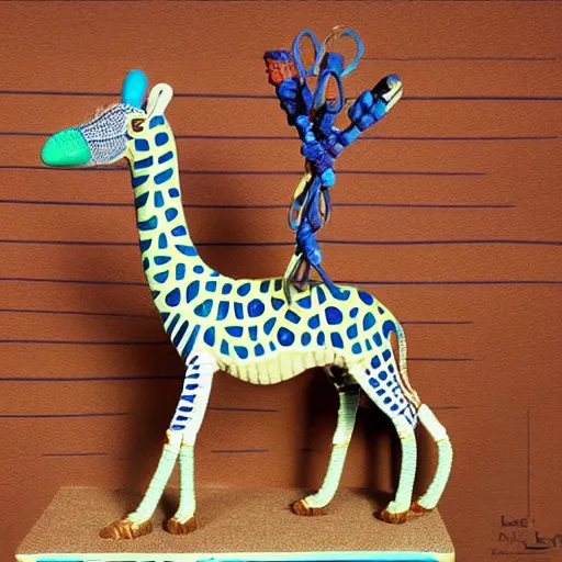 Image similar to realistic ceramic giraffe sitting on top of a table, egyptian art by luca della robbia, featured on zbrush central, mingei, made of beads and yarn, sharp details, colorful hues, made of wrought iron, made of insects