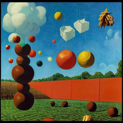 Prompt: giant cubes, spheres, bees, and pinecones fly through the air, as a tornado approaches, by takashi murakami, edward hopper, bo bartlett, wilson mclean, m. c. escher, vincent van gogh, olivia bee, and matthew willey, artstation