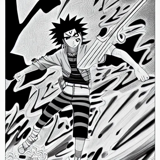 Prompt: Sasuke and Frank Zappa vs Naruto manga panel award winning black and white art by Frank Zappa and Kishimoto highly detailed pen and ink matte painting