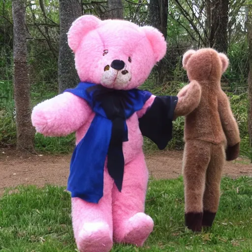 Image similar to a pink teddy bear witch teaching younger teddy bears