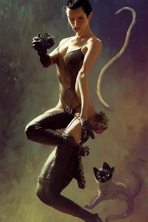 Prompt: aeon flux as a cat picture by Greg Rutkowski, dynamic pose, matte painting, intricate, fantasy concept art, elegant, by Stanley Artgerm Lau, WLOP, golden ratio, thomas kindkade, alphonse mucha, loish, Peter chung, norman Rockwell,