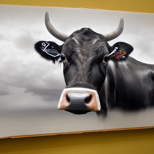 Image similar to a highly detailed ultra realistic photograph of a cow that is an airplane pilot