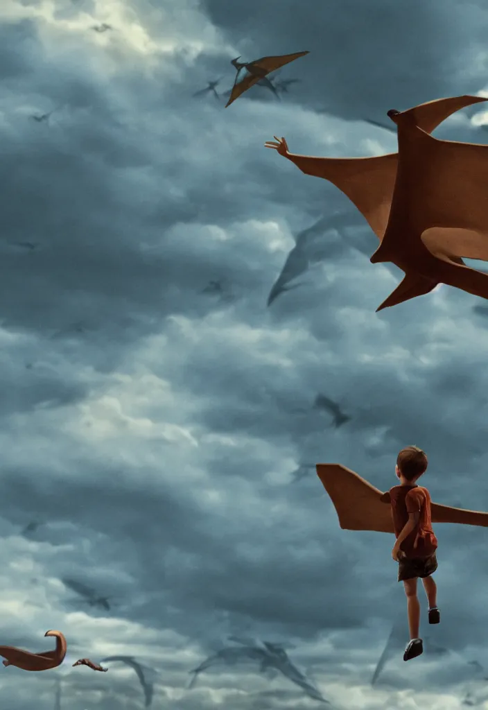 Image similar to a child looking at a pterodactyle flying in the sky in the style of a movie poster, realistic, super detailed, cinematographic, epic lighting