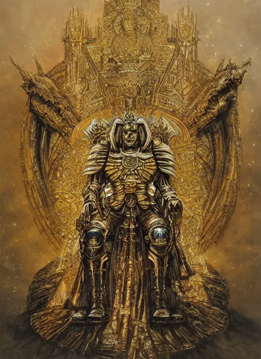 Image similar to omnious academic drawing of wh40k lichified but still regal Emperor of Mankind on his enormous golden throne by James Gurney, Beksinski and Alex Gray