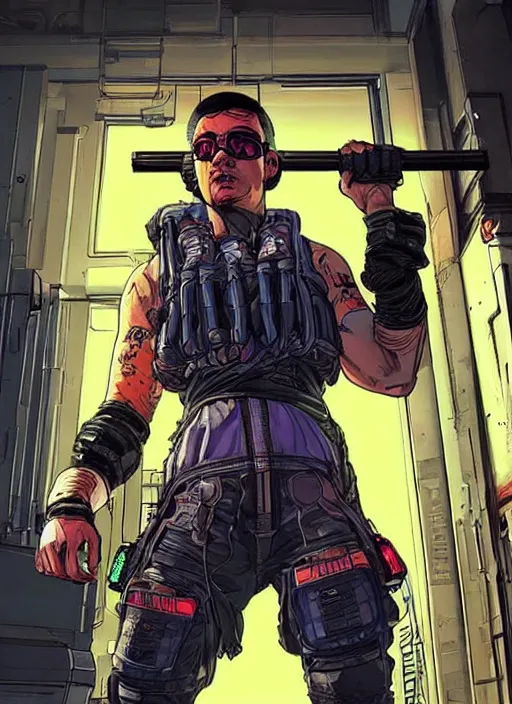 Image similar to greg. apex legends buff cyberpunk weight lifter. concept art by james gurney and mœbius. gorgeous face, cinematic, dramatic lighting ( cyberpunk 2 0 7 7 ), clean aesthetic