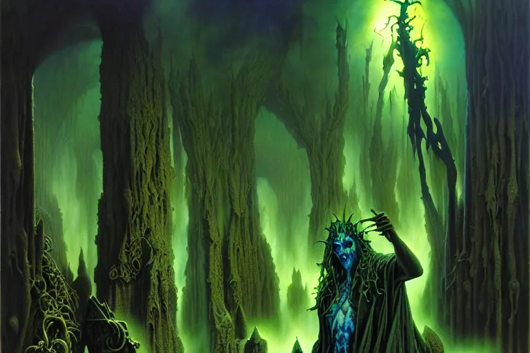 Image similar to darker shades of forgotten misery and despair by michael whelan and roger dean and brom and hubert robert and greg staples and donato giancola, beautiful, mythical, scaled robes, highly detailed, hyperrealistic, intricate, energy, electricity, blue flame, low light, green crystal, high contrast, lifelike