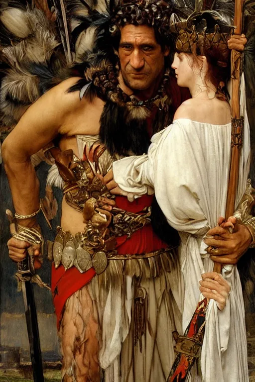 Prompt: clive owen as a barbarian king of feathers, god of the wild, silk dress by edgar maxence and caravaggio and michael whelan and delacroix
