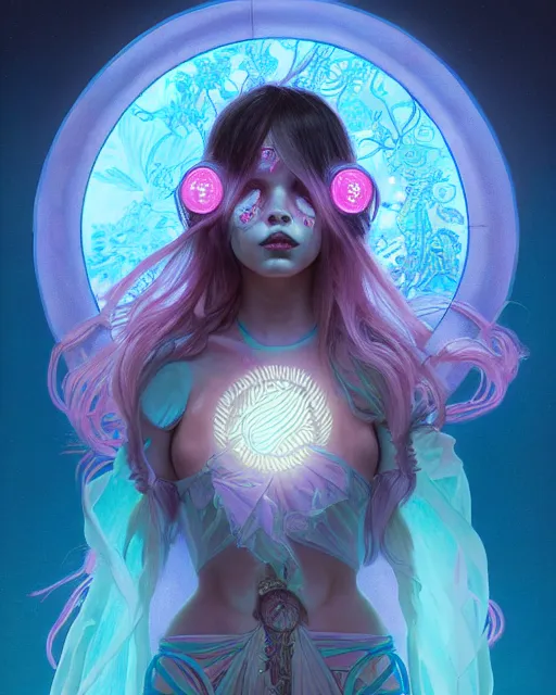 Image similar to a bioluminescent patchwork doll, highly detailed, digital painting, cinematic, hyperrealism, dark retrowave, art by stanley lau and artgerm and magali villeneuve and alphonse mucha, artstation, cgsociety