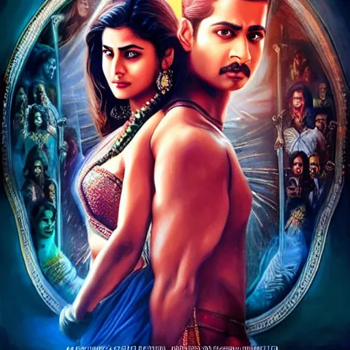 Image similar to perfectly centered bollywood movie promotional poster of anatomically correct hero and heroine glamourous romantic pose, faces symmetrical ; real life portrait, ultra realistic, high coherence, intricate, hdr, highly detailed, photorealistic, octane render, 8 k, unreal engine ; art by artgerm, greg rutkowski, charlie bowater