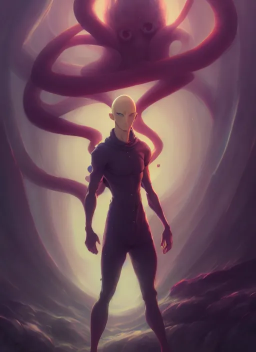 Image similar to handsome saitama, dark, anime, peter mohrbacher, path traced, half body shot, kelly mckernan, alfonso mucha, cinematic, concept artbook, artstation, video game, pixar, unreal engine, 8 k