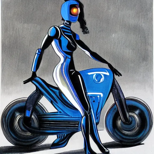 Image similar to painting of a female cop riding a futuristic motorcycle from tron by h. r. giger