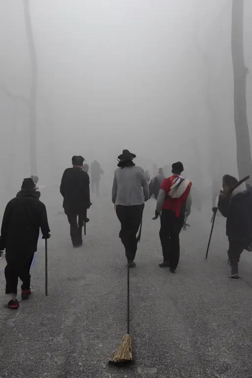 Image similar to a group of clowns walking down a long dark foggy alley the are carrying sticks. fog,