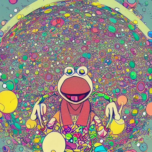 Image similar to kermit the frog by takashi murakami,, beeple and james jean, aya takano color style, 4 k, super detailed, night sky, digital art, digital painting, celestial, majestic, colorful