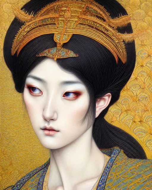 Image similar to portrait of a beautiful goddess of mercy, unusual beauty, esoteric, muted colors, head in focus, fantasy art, ornamental aesthetics intricate, elegant, highly detailed, hyperrealistic painting, artstation, concept art, painterly, sharp focus, illustration, art by chie yoshii