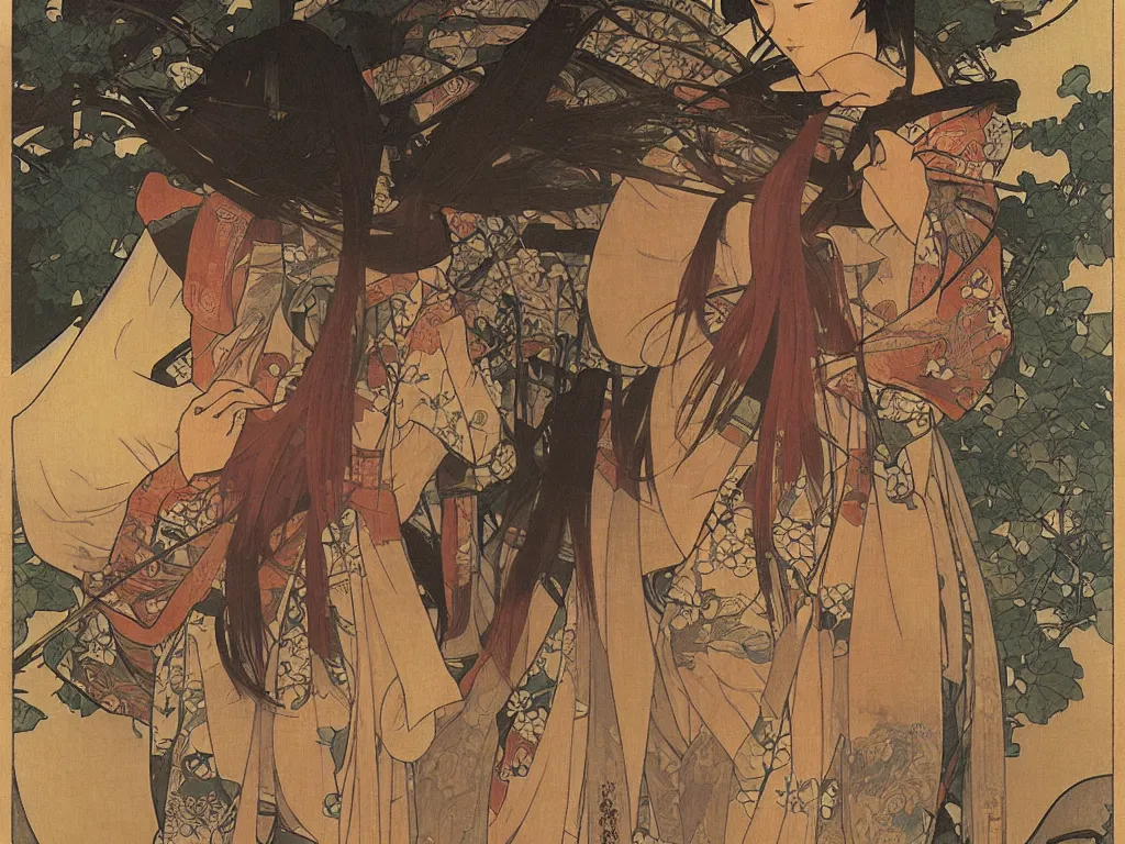 Image similar to a ronin in a japanese village during edo period, dusk, by fiona staples, range murata, alphonse mucha