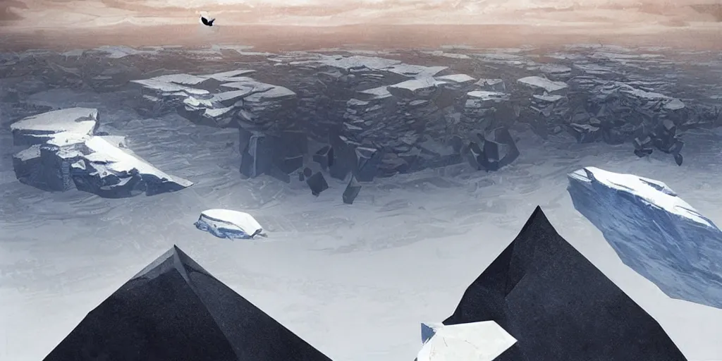 Prompt: “plane flying over an Antarctic mountain range, looking down onto a giant ancient cyclopean geometric stone city, by Greg Rutkowski”