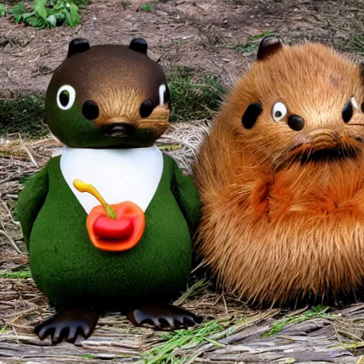 Image similar to real beaver and real duck sitting on vegetables