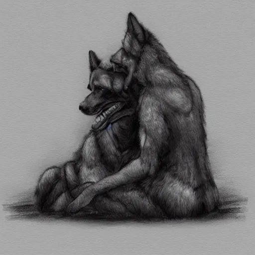 Prompt: two humanoid german shepherds beast - men, sitting on a couch and hugging together, artstation, concept art, smooth, sharp foccus ilustration, artstation