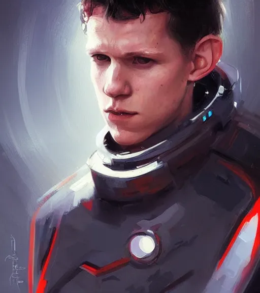 Image similar to portrait of tom holland by greg rutkowski, he is about 3 0 years old, short black hair with bangs, scared and incredulous, very tall and slender, he is wearing futuristic space gear, highly detailed portrait, digital painting, artstation, concept art, smooth, sharp foccus ilustration, artstation hq