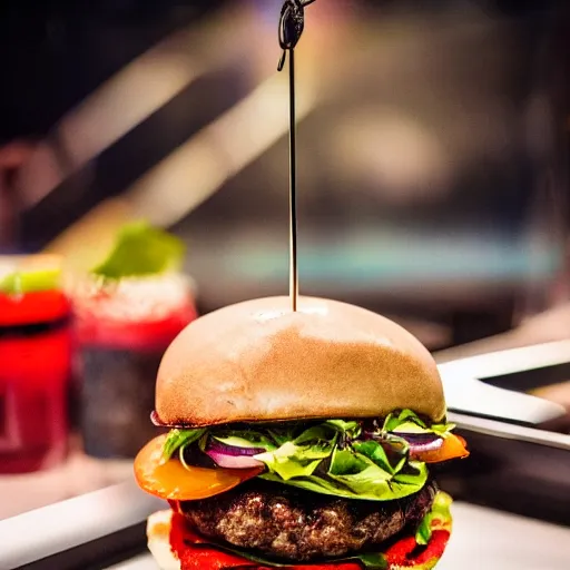 Image similar to a juicy hamburger in a giant aquarium filled with coke, 8 k resolution, studio lighting, sharp focus, professional food photography, hyper - detailed