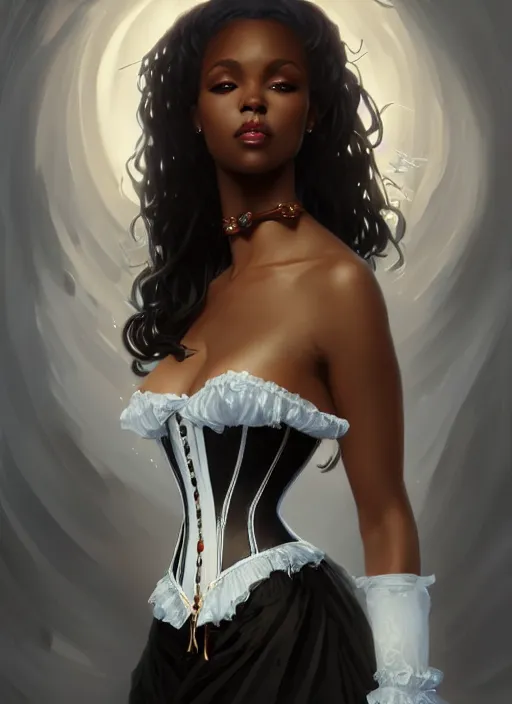 Image similar to cute black woman wearing a white corset dress, fantasy, intricate, highly detailed, digital painting, artstation, concept art, wallpaper, smooth, sharp focus, illustration, art by artgerm and greg rutkowski and alphonse mucha