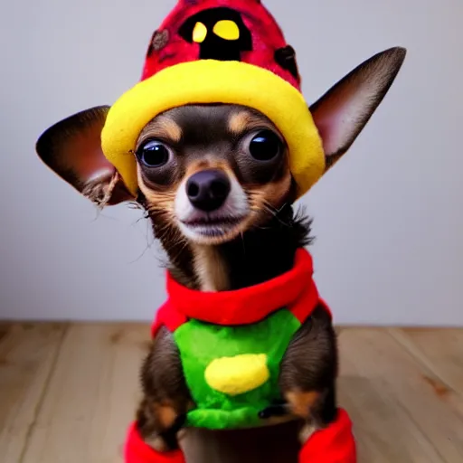 Image similar to photo of mini brown chihuahua in a bowser costume. Post processing , award winning , masterpiece , photo realistic