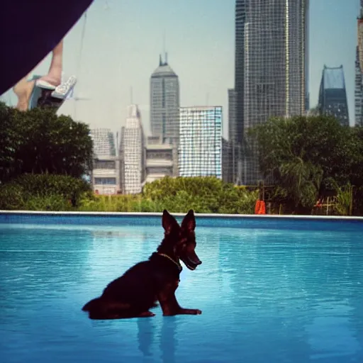 Prompt: An anthropomorphic GSD puppy with hands enjoying a cosmopolitan cocktail in a swimming pool while floating on an flamingo inflatable, tranquil, breezy background, city high-rise, atmospheric, hazy, sweltering, autochrome, 8k, reflections, ue5, digital art