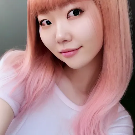 Image similar to beautiful hyperrealism selfie of nikki 苏 暖 暖 from shining nikki, a cute 3 d young woman smiling sofly, long light pink hair and full bangs, flushed face, small heart - shaped face, soft features, amber eyes, chinese heritage, golden hour, 8 k, sharp focus, instagram