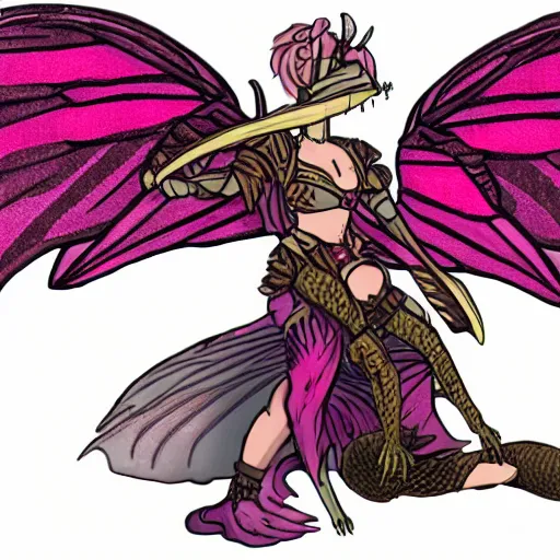 Prompt: a tiny pink dragon with butterfly wings sitting on the shoulder of a female dnd fighter