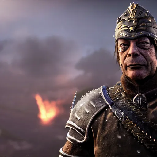 Image similar to nigel farage as a warrior in skyrim, splash art, movie still, cinematic lighting, dramatic, octane render, long lens, shallow depth of field, bokeh, anamorphic lens flare, 8 k, hyper detailed, 3 5 mm film grain