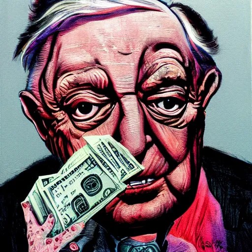 Image similar to George Soros full body shot, dollar bills Body horror, biopunk, by Ralph Steadman, Francis Bacon, Hunter S Thompson