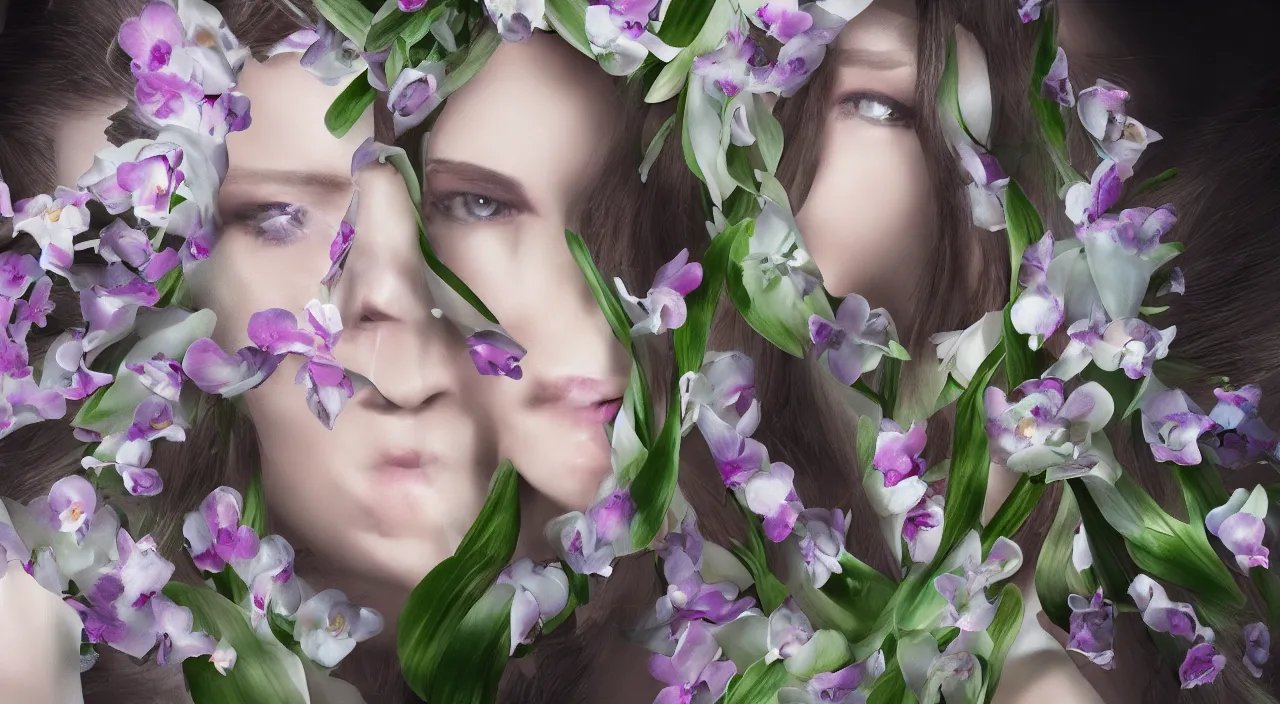 Image similar to a glacier made of orchids inside the head of a fashion model 4K HD realism and photorealistic